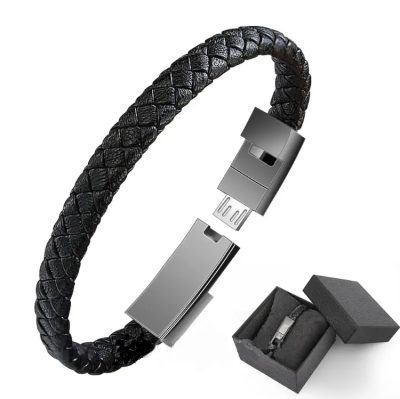 Шкіряний чорний браслет кабель з функцією заряджання для Micro USB